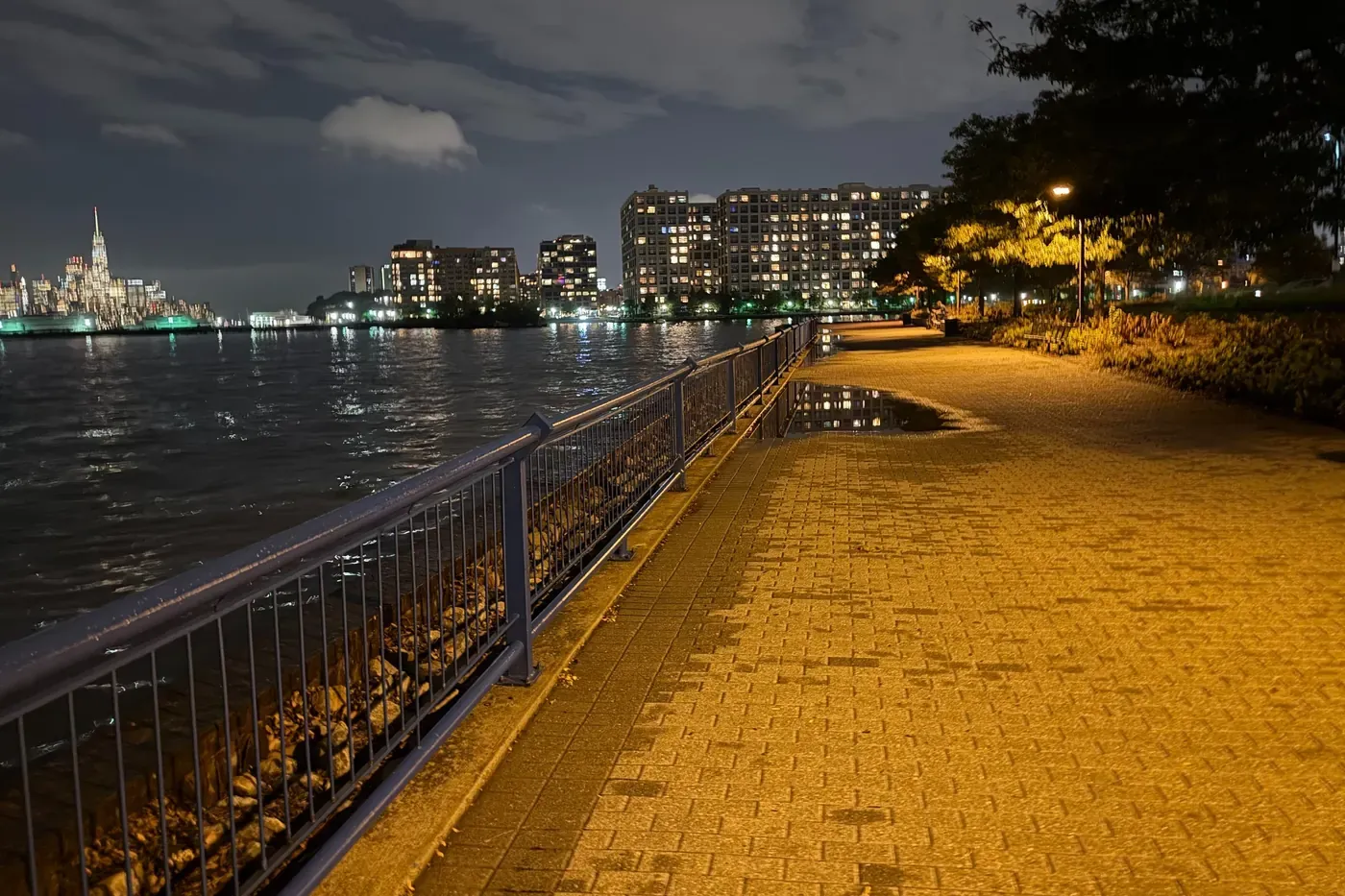 The Hudson waterfront at night with the Manhattan skyline lit up across the river
